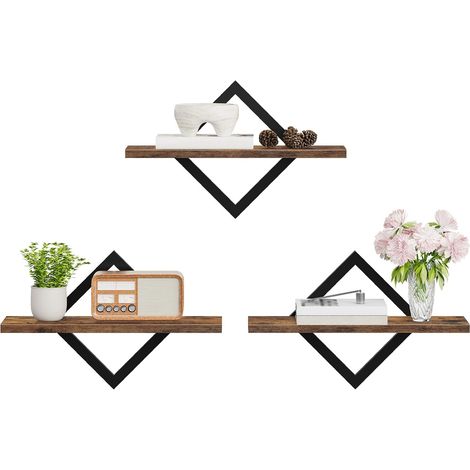 Étagère Flottantes, Lot de 3, Étagères murales, Rangements Suspendus avec Cadre Métallique Losangé, pour Salon, Chambre, Cuisine, Bureau, Marron Rustique et Noir (1/5)