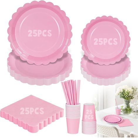 125 Pièces Vaisselle Jetable, Assiettes Carton 23cm, Dessert 18cm, Gobelets 260ml, Serviettes, Pailles, Fête Anniversaire 25 Invités