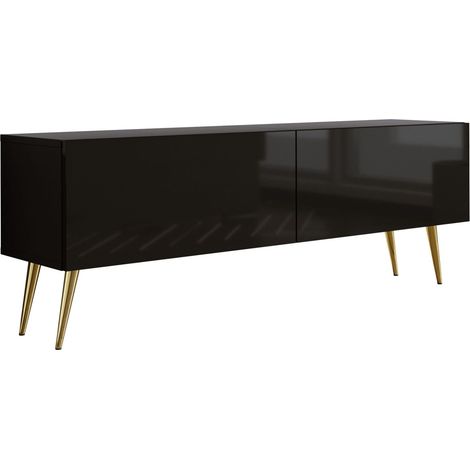 Meuble TV : Noir Mat/ Noir Brillant, pieds dorées, 140 x 52 x 32 cm (1/5)