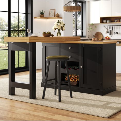 Table îlot de cuisine extensible 120-197 cm pivotante 360°, avec rangement et portes magnétiques, MDF - noir (1/5)