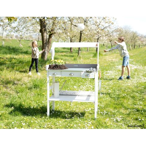 WONDERMAKE® Großer Pflanztisch weiß mit 3 Schubladen aus Holz wetterfest, Garten-Arbeitstisch XL für Outdoor draußen Balkon hochwertig, Gärtnertisch,