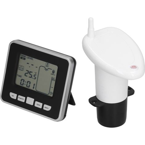 Multifunctional ultrasonic electronic water tank level gauge with indoor temperature display, thermometer, and clock (shipped without batteries). (1/5)