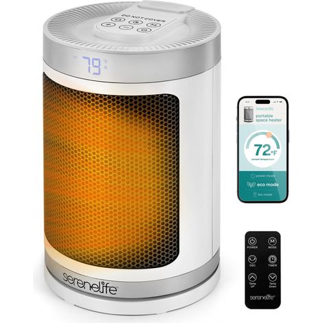 SereneLife Termoventilatore e Stufetta Elettrica da Bagno, 1500 Watt PTC Ceramico Wi-Fi Telecomando Timer, 12 h 15 x 15 x 24 cm per Casa Cameretta e Ufficio, Bianco SLSPCHTRW3WH (1/5)