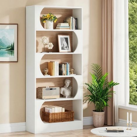 5-stöckiges Bücherregal, 80 x 30 x 180 cm, Ablagefächer, großes offenes Würfelregal, Weißwalnuss