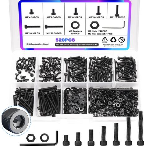 Coffret de Vis M2 520 Pièces en Acier Alliage SCM435 Noir Haute Résistance 12.9, Vis CHC BTR à Tête Cylindrique Six Pans Creux avec Écrous et Rondelles, Assortiment de Vis Allen M2 x 4 à M2 x 20 mm po (1/5)