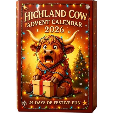 Calendrier de l'Avent de Noël, boîte surprise, ornement en acrylique, série vache des Highlands, décoration de sapin 3D