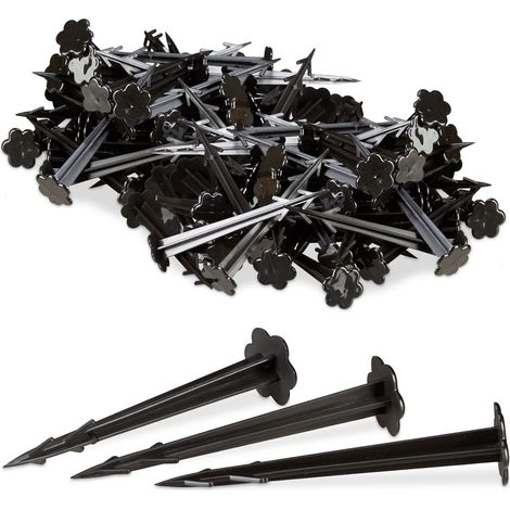 Relaxdays 11 cm Plastic Securing Pegs, Anchor Pins Set of 200, Weed Control Fabric Stakes, Black