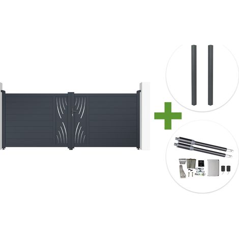3,5 m breites VELETA-Schwingtor, 140 cm hoch, graues Aluminium + 2 Pfosten + Ranger B150-Motor