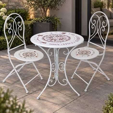3 chaises pliantes, table, mobilier de jardin, fer blanc, motif boussole, H 93 cm (1/5)