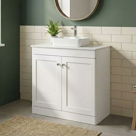 Nuie Classique Floor Standing 2-Door Vanity Unit with White Marble Worktop 800mm Wide - Satin White (1/3)