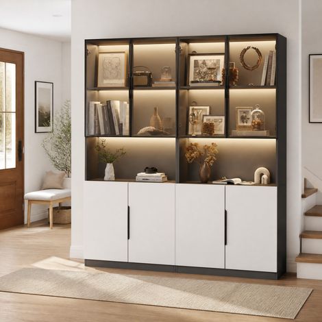 Vetrina moderna con LED, mobile contenitore vetrato 160 x 30 x 200 cm bianco e nero HAVRYA (1/5)