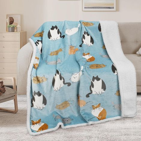 Cat Blue Sherpa Fleece Throw Blanket, Warm Thick Soft Winter Fluffy Pelucy Canapé Jet, Réversible Cozy Fleece Blanket Canapé Lit Simple, Toute la Saison 150 x 130 cm (1/5)