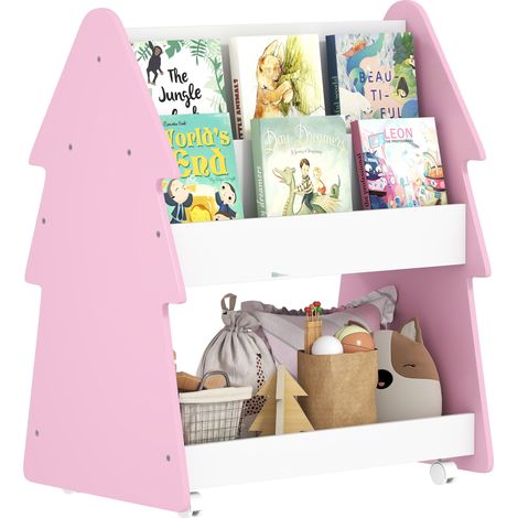 AIYAPLAY Double-Sided Children's Bookcase with Wheels for Playroom, Pink