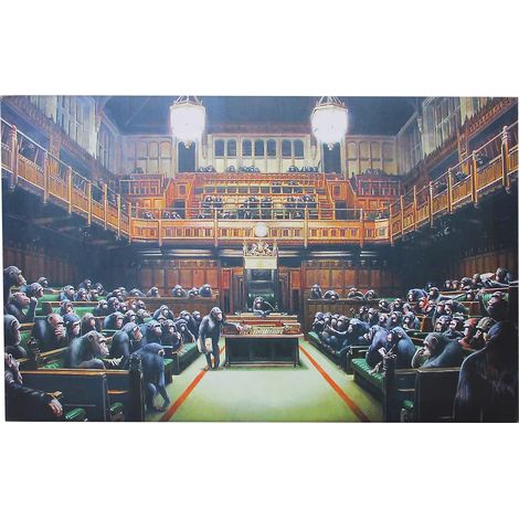 ORION91 Cuadro Lienzo de Banksy 'Monos en el Parlamento', Impresión Artística en Lienzo de 76x51cm para Decoración de Interiores, Réplica de Obra Famosa del Artista Urbano Orion91
