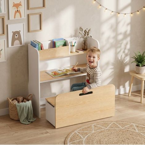 Scrivania per bambini 5 in 1 con panca su ruote e contenitore, libreria integrata, bianca DESVIAE (1/5)