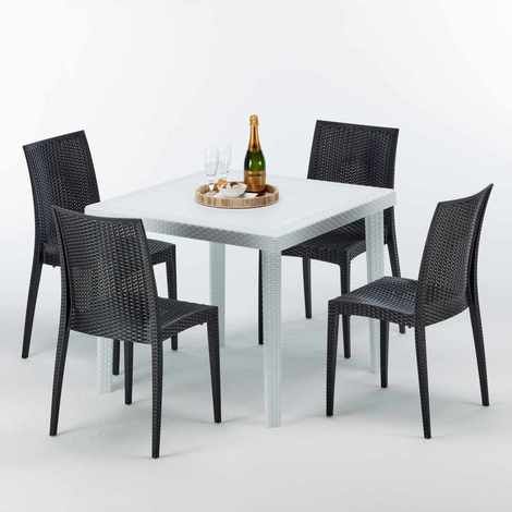 Table Carrée Blanche 90x90cm Avec 4 Chaises Colorées Grand Soleil Set Extérieur Bar Café Bistrot Love - Noir (1/5)