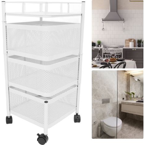 Panier Rotatif 3 Échelles en Métal Carbon avec Roues pour Organisation de Fruits, Légumes et Objets Divers Blanc (1/5)