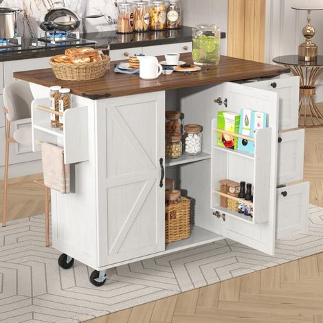 Mobiler Küchenwagen 140 x 45–73 x 92,5 cm – mit ausziehbarer Arbeitsplatte, 3 Schubladen, Schrank und Gewürzregal – Beige (1/5)