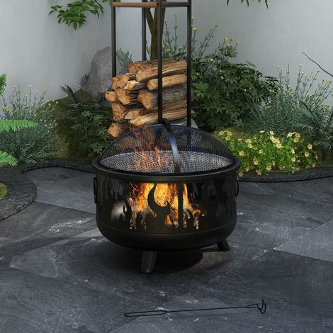 Feuerschale Feuerstelle, inkl. Funkenschutz, 1 Schürhaken, Ø61,5 cm x 52 cm, Schwarz