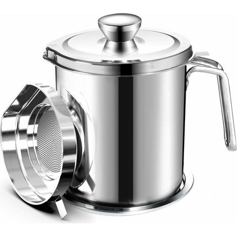 Oil Pot de graisse pour bidon de stockage en acier inoxydable avec bidon de 2 litres en Couvercle anti-poussière pour tamis à mailles fines Plaque antidérapante stockage d'huile de friture (1/4)