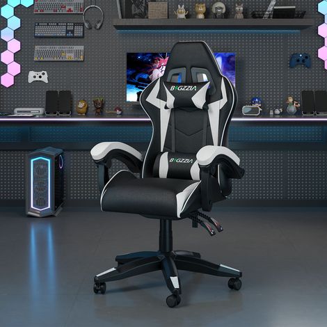 Ergonomic PU Leather Racing Gaming Chair with Headrest and Lumbar Pillow Swivel Office Chair Black + White