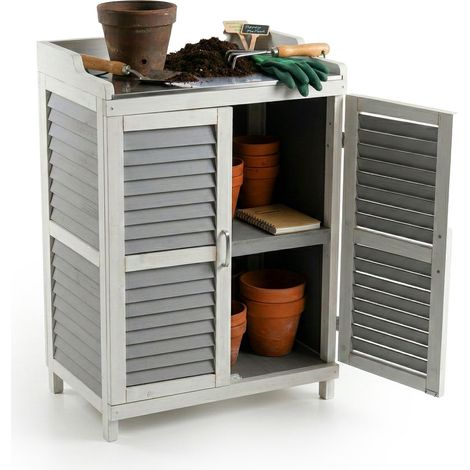 Table de rempotage avec Rangement, Bois, Plateau métal, H x L x P: 100x67x47 cm, Armoire Jardin, Gris/Blanc (1/5)
