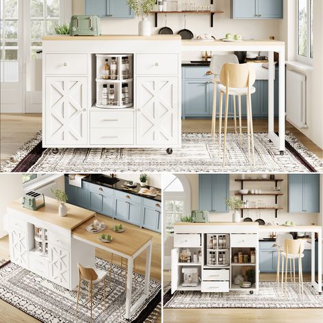 Table de Bar Extensible Desserte de Cuisine sur Roulettes avec Rangement 4 Tiroirs Étagères 110-180 cm MDF (1/5)