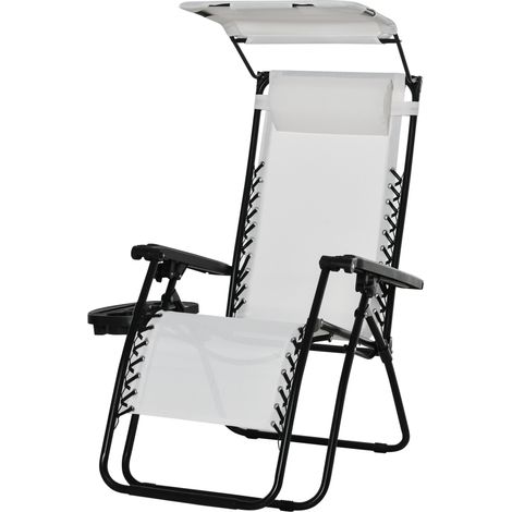Zero Gravity Garden Folding Patio Sun Lounger wCup Holder & Canopy Shade White (1/5)