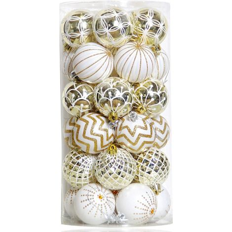 30 Stück Weihnachtskugeln, 60 mm, goldfarben und weiß lackiert, bruchsicher, festliche Ornamente, Weihnachtsbaumschmuck (1/5)