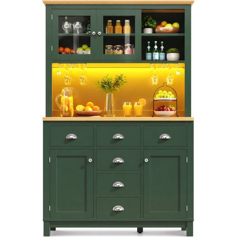 Buffet de cuisine 104 x 40 x 180 cm avec LED, rangement multi-espaces, 4 portes, poignées métal, vert, style rétro pratique avec anti-basculement – CHICFURN (1/5)