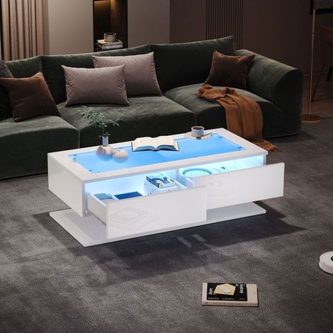 Table basse 100x50, plateau verre trempé petite table basse, rangement intégré, LED intégrées, finition blanc brillant (1/5)