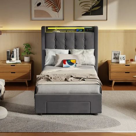 REDOM Letto contenitore 90x200 cm con illuminazione LED, porte USB e prese, letto con cassetti e testiera imbottita, grigio scuro (senza materasso)