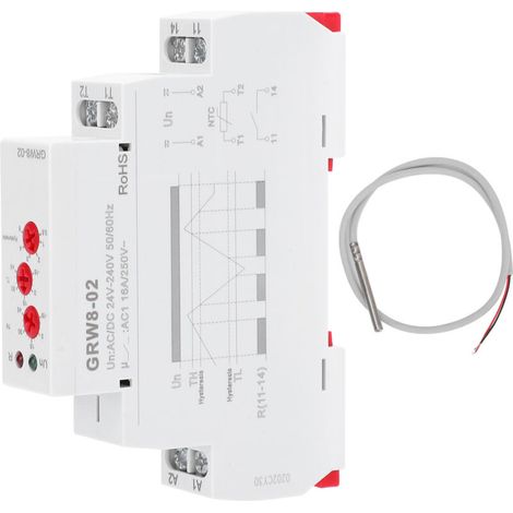Relais de régulation de température pour montage sur rail DIN avec sonde de test GRW8-02 AC/DC 24V-240V