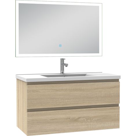 Ensemble meuble de salle de bain 100cm, vasque céramique et LED miroir rectangulaire, chêne