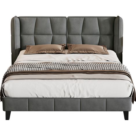 Cama tapizada 180x200 cm, cabecero acolchado, estructura estable, terciopelo gris (1/5)