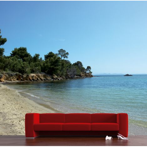 Papier peint panoramique bord de mer avec rochers, 250 cm X 270 cm - Décor mural pour une ambiance côtière, idéal pour une chambre, salon ou bureau. (1/4)