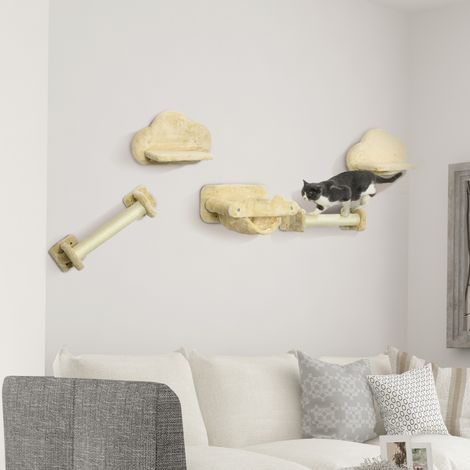 Katzentreppe, 5-teiliges Set, 2 Kratzstämme, 2 Plattformen mit Plüschbezug, Hängematte, beige