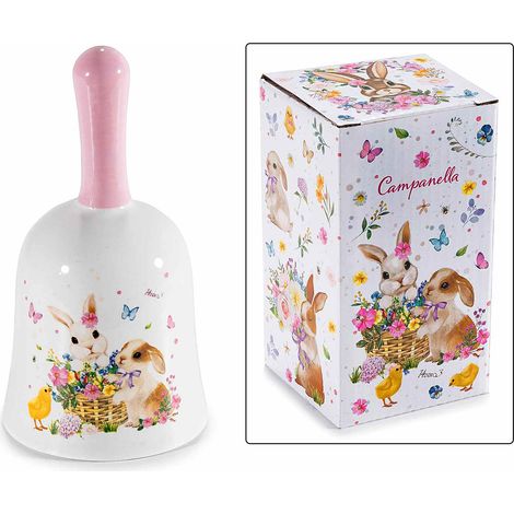 Campanelle in ceramica con decori coniglietti pasquali in confezione regalo, set da 6 pezzi, Ø 7 cm x 13 H