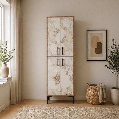 Wandschrank Walnuss Weiß Marmor Melamin 200x60x35 cm - Berlin