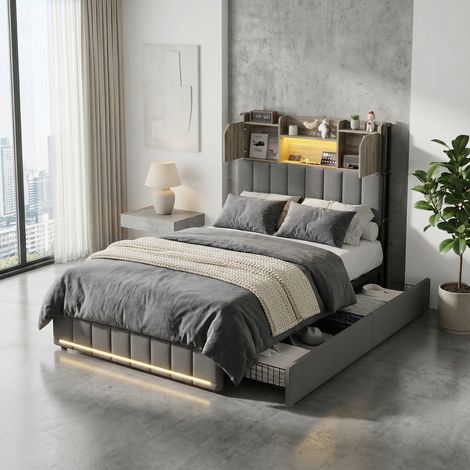 Lit simple 90x200 cm avec LED RGB, 2 tiroirs, tête de lit avec rangement, charge USB/C, sommier à lattes, convient aux enfants, adolescents et adultes - Gris (1/5)