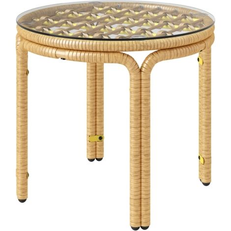 Polyrattan Beistelltisch Ø50 cm Gelb, runder Gartentisch mit Glasplatte, Balkontisch Terrassentisch Outdoor Tisch 50x50x44 cm