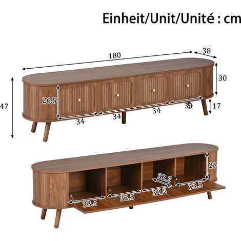 Meuble TV design contemporain, console TV basse avec 4 portes, poignées laiton doré, pieds bois massif, style unique. Dimensions 180 x 38 x 47 cm (L x P x H). (1/5)