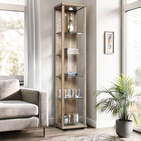 K-Möbel Vitrine en Verre Chêne Sonoma 176x37x33cm 4 Tablettes LED Germany