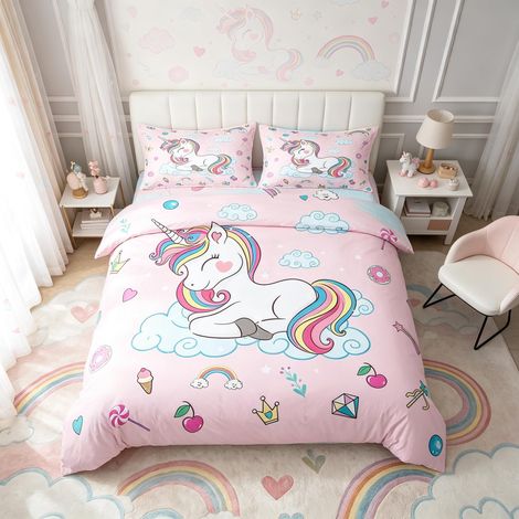 Housse de couette Filles Mignon Licorne Parure Housse de Couette 200x200cm pour Enfants Garçons Filles Licorne Housse de Couette Fée (1/5)