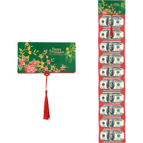 (Grüne Blumen und Vögel) (10 Kartenfächer) Roter und grüner malaysischer Faltumschlag mit kreativem Schiebekartenfach - Geburtstagsumschlag (1/2)