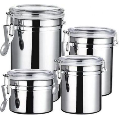 ALLIANDISUn ensemble de quatre boîtes de cuisine en acier inoxydable, chacune munie d'un couvercle transparent hermétique et d'un système de verrouillage, convient pour conserver les aliments, les bis (1/4)