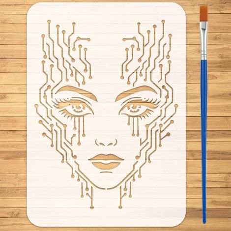 Pochoir de Visage de Femme Abstraite avec Pinceau 29.7x21cm Pochoir de Peinture de Visage Féminin Composé de Circuits et Fils Pochoirs DIY Réutilisables pour Peinture sur Bois Mur Tissu (1/5)