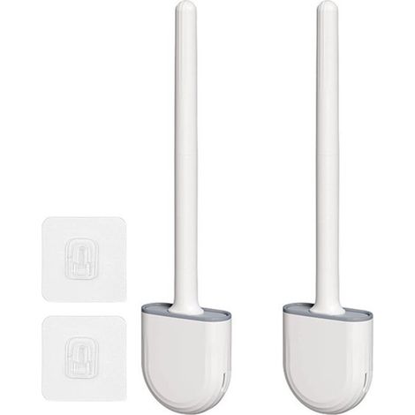 confezione di scopino per WC in silicone con supporto, scopini per WC non montati con supporti e base antigoccia (bianco) - 2 manico lungo in plastica antiscivolo e (1/3)