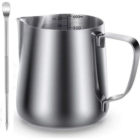Tragbarer Milchaufschäumer aus Edelstahl mit 600 ml Fassungsvermögen, Skala und Latte-Art-Stift.