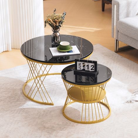 Table basse gigogne ronde 70x70x45 cm noire, effet marbre, MDF et métal MEUBLIV (1/5)